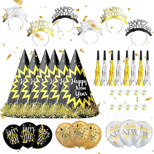2026 Neujahr Zubehör Photo Booth, 39 Stück Happy New Year Party Dekoration, mit Schwarz Gold Luftballons, Haarband, Neujahr Gadget, Set Dekoration Silvester Party