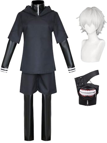 Xinchangda Kaneki Ken - Costume per cosplay di Kaneki Ken, completo di maschera, parrucca, costume da combattimento in pelle, per Halloween, carnevale, feste, combattimento, costume da uomo