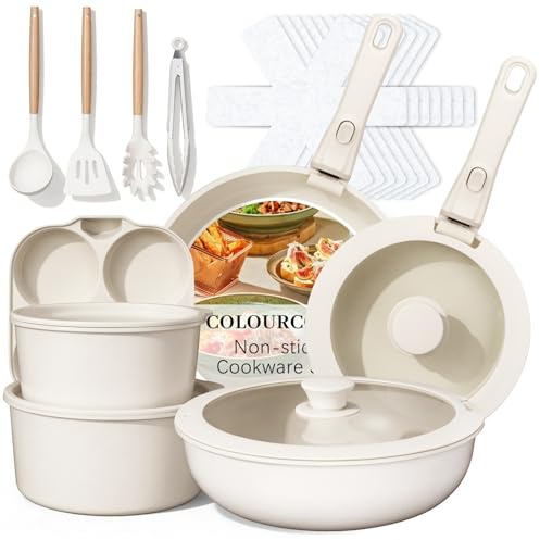 Colourcoco 23-teiliges Topfset Induktions - Antihaftbeschichtetes Kochgeschirr mit Abnehmbarem Griff, Ofenfest & für alle Herdarten Geeignet – Topfset Ideal für Zuhause, Camping (Sahne)