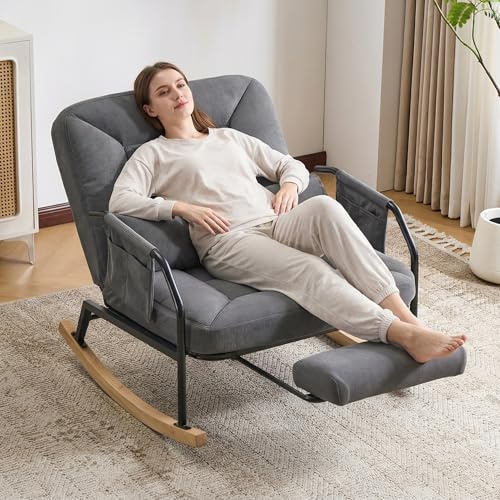Fauteuil à Bascule, Fauteuil à Bascule Avec Repose-Pieds, Fauteuil Allaitement Rembourré En Bois Massif,Velours CôTelé Peluche, Dossier RéGlable Sur, Supporte Jusqu'à 160 Kg, Pour Chambre (Gris)