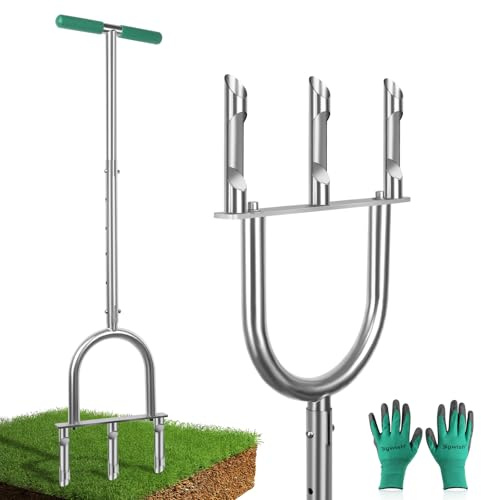 Manual Lawn Aerator Tool with 3 Hollow Tines, Adjustable Height Stainless Steel Core Aerator, Heavy Duty Plug Aerator for Lawn Soil Compaction Relief, Yard Aeration Tool