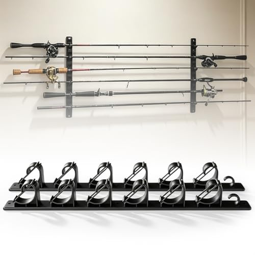 BORDEAG Porte Canne à Pêche Garage, Support Canne à Pêche Horizontal, Support Mural Canne à Pêche, Support Rangement Canne à Pêche, 6 Emplacements für Garage ou Maison, Solide, Gain de Place