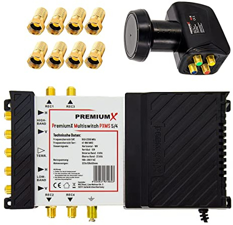 Premium X Multischalter Set 5/4 Multiswitch Quattro LNB 8X F-Stecker, Satverteiler 1 SAT für 4 Teilnehmer HDTV FullHD 4K UHD 8K