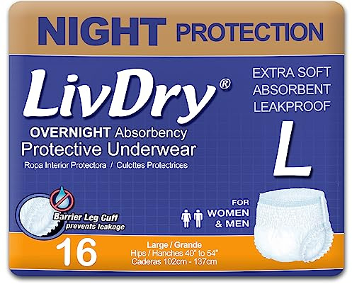 LivDry Adult Diapers Large Incontinence Underwear, Overnight, Leak Protection, 16-Pack
