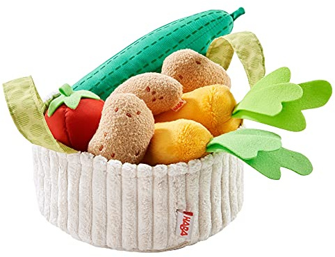 HABA 304230 – grönsakskorg, tillbehör för köpbutik och barnkök, korg med gurka, tomat, morötter och potatis av tyg, leksaker från 3 år