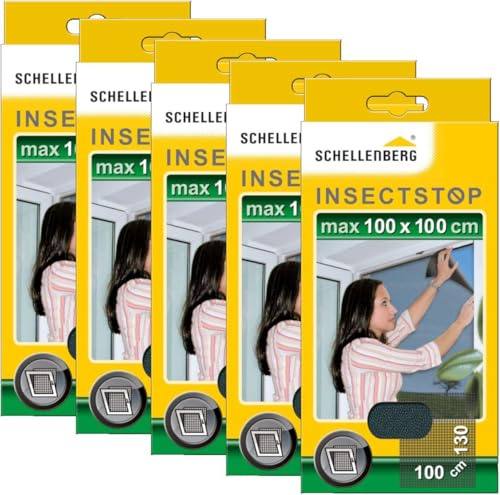 Schellenberg 5er Spar Pack Fliegengitter für Fenster 100 x 100 cm anthrazit, einfache Montage ohne Bohren, inklusive Befestigungsband