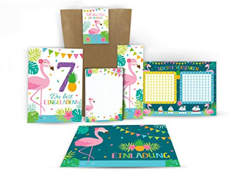 Junaversum 12 Einladungskarten zum 7. Geburtstag Kinder fünfte Kindergeburtstag Mädchen Flamingo incl. 12 Umschläge, 12 Tüten, 12 Aufkleber, 12 Lesezeichen, 12 Blöcke, 12 Schiffe versenken