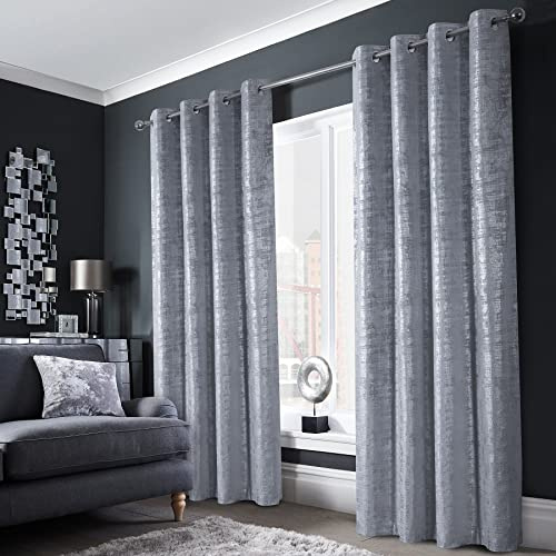 always4u Gardinen mit Muster Silber Blickdicht 100%, Samt Vorhang Wohnzimmer, Vorhang Verdunkelung Kurz mit ösen, Stoff Glänzend Eleganter, Silber 2er Set 260x140cm