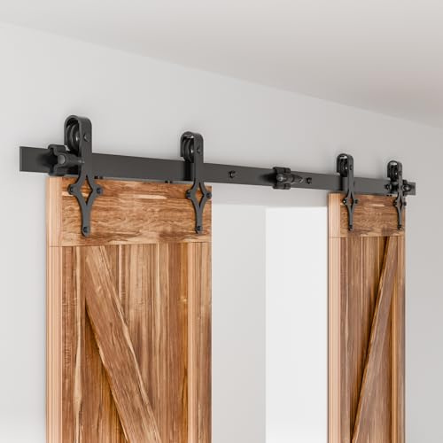 WOLFBIRD 200cm(6.6FT) Schiebetürbeschlag Hardware Kit für Doppeltür Schiebetürsystem mit Einstellbare Bodenführung, Rhombus Form Roller Hanger Set, schwarz