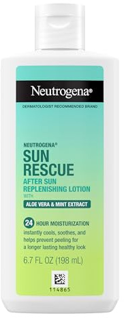 Neutrogena Sun Rescue Lotion après-soleil régénérante à l'aloe vera, à l'extrait de menthe et à la vitamine E, 24 heures d'hydratation pour une brillance saine pour les peaux sensibles, végétalien