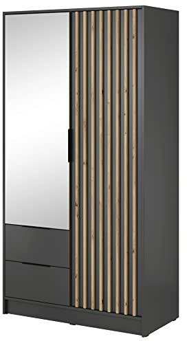 Furniture24 Kleiderschrank Nelly 2D Schrank mit Spiegel 2 Türiger 2 Schubladen Graphite Drehtürenschrank