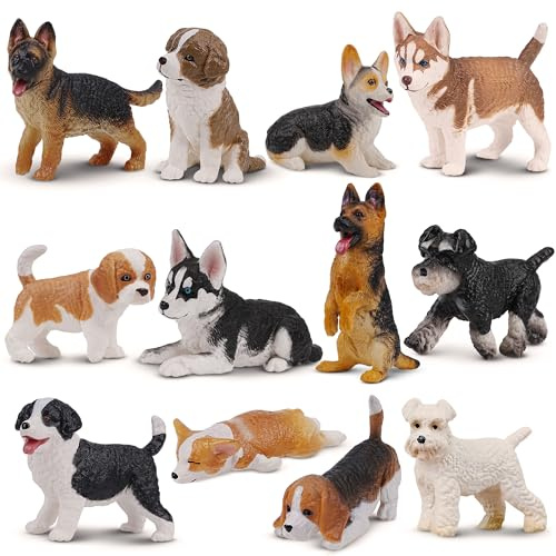 EYSCOTA 12PCS Dog Figurines Playset, Realistic Plastic Puppy Figurines, Hand Painted Mini Dog Figures Toy Set Cake Toppers Birthday Gift for Kids Toddlers