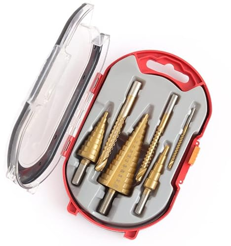 POIU 6-tlg HSS Stufenbohrer set, Titanbeschichteter Schälbohrersatz set für die Metallbearbeitung Holzbearbeitung Bohren von Löchern (3xstufenbohrer & 3x Spiralbohrer), gold, 11x17.5cm