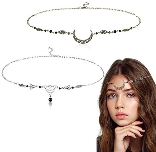 HIFOT 2 Stück Boho Mond Kopfkette Gold Damen, Keltische Knoten Kopfkette Silber für Frauen und Mädchen, Elfen Haarschmuck Wahrsagerin Kopfschmuck Haarkette, Festival Accessoires Hochzeit Halloween