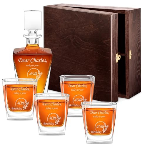 Maverton Carafe and 4/6 Glasses for man, Engraved Glassware, Wishes | Elegant Decanter and Glasses with Engraving for him, Geometric Whiskey Set, Personalised Barware for Birthday