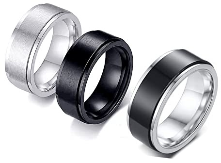 Colrid 3 Pièces Bague Hommes, Acier Inoxydable Bague Argent, Anneaux Noir Vintage Bague, Poli Bague Argent, Anti Stress Bagues pour Hommes Noir Spinner Bague Vintage Fidget Bague Bande Chaîne Bagues