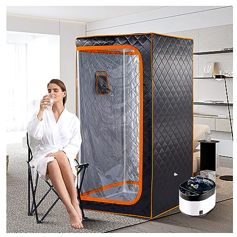 ZONEMEL Full Size Portable Steam Sauna, Personal Home Spa, 1500 Watt 4 Liter Steamer with Remote Control, Timer, Foldable Chair (L 33.8 x W 33.8 x H 65.7,Orange Border)