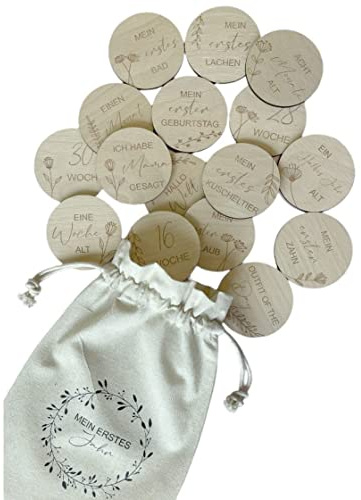 Meilensteinkarten Baby 1. Lebens-Jahr Holz | Runde Meilensteine Holzscheiben Neugeborene Jungen Mädchen | Holzplättchen Set mit Name 1-12 Monate