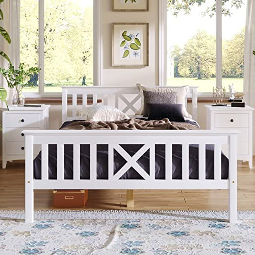 Kinderbett 140X200 Weiss, Doppelbett Vintage Massivholz Holzbett Doppelbett aus Bettgestell mit Lattenrost und Schublade Schlafzimmer Bett