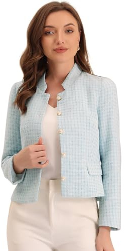 Allegra K Damen Langarm Blazer Kariert Tweed Knöpfen Dekor Arbeit Büro Kruz Jacke Hellblau XL
