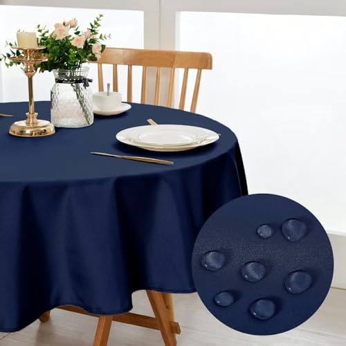 DWCN Dunkelblau Tischdecke Rund 140cm Fleckschutz Abwaschbar Tischwäsche | Wasserdicht Outdoor Wetterfest Staubschutz Wasserfilter Schlichtheit Tischtuch für Esszimmer,Garten,Party,Hochzeiten,Haushal