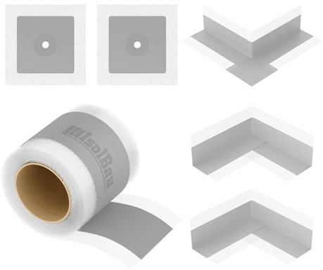 Isolbau 102G - Juego de cintas de sellado para interiores y exteriores, incluye cinta de sellado de 10 m, 2 esquinas interiores, 1 esquina exterior y 2 manguitos de pared, impermeabilización para