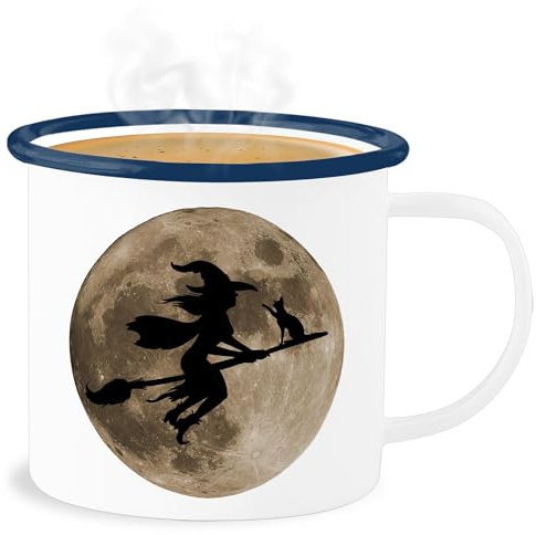 Emaille Becher Blechbecher - Tassen - Hexe Halloween Hexen auf Besen Vollmond Katze Witch Mond - 300 ml - Weiß Blau - tasse haloween outfits fliegende trinkbecher hellowee bild gruselig helloween
