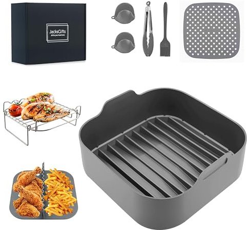Complete 8 Pack Square Silicone Air Fryer Liners with Stainless Steel Rack & Elevated Base for Ninja AF180UK ON400UK Speedi, Three Cooking Modes (Gray)