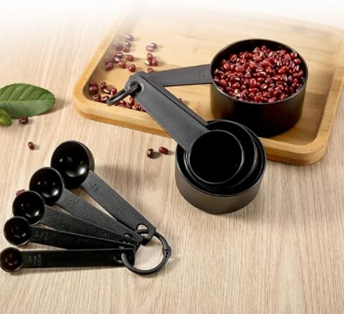 Tazas medidoras de plástico y cucharas medidoras negras para hornear y cocina (10 piezas)