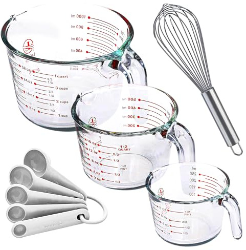 Set of 3 Glass Measuring Cups with Measuring Spoons & Whisk - Kitchen Mixing Bowl Liquid Measure Cup, Glass Bakeware. 1 cup, 2 cup, 4 cup.