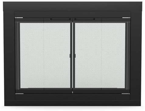 Stanbroil Puerta de cristal plegable para chimenea, acabado negro, grande, puerta mosquitera decorativa para accesorios de chimenea
