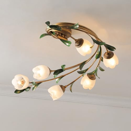 SWEMOPP 6 Light Vintage Ceiling Light Modern Flower Shape Ceiling Lamp For Living Room Tulip Rose Clear Glass Floral Ceiling Light Farmhouse Flush Mount Ceiling Light For Kitchen Bedroom Bathroom Entr