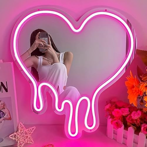 KADAFAGO Herz-Neonschild, geschmolzenes Herz, Neonspiegelschild für Wanddekoration, Schlafzimmer, Mädchenzimmer, LED, rosa Herzspiegel, Neonlicht für Party, Studio, Ladendekor und Geburtstagsgeschenke