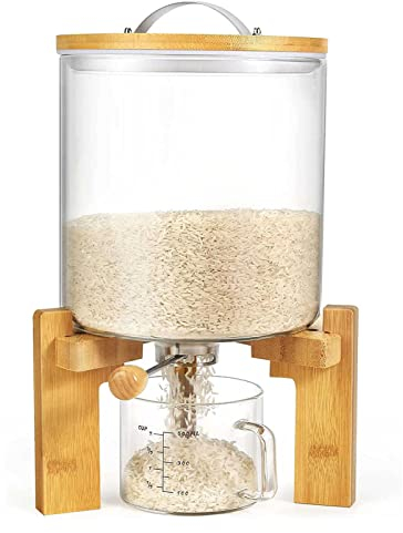 Rice Dispenser Flour And Cereal Container, Wood Stand and Measuring Cup Set - Airtight Rice Storage Container for Perfect Kitchen Organization - 5L/8L