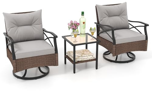 COSTWAY Rattan Gartenmöbel Set, Balkonmöbel inkl. 2 Schaukelstühle mit Drehfunktion, Kissen & Tisch, Balkonset, Terrassenmöbel, Gartengarnitur, Sitzgruppe für Garten, Balkon, Terrasse