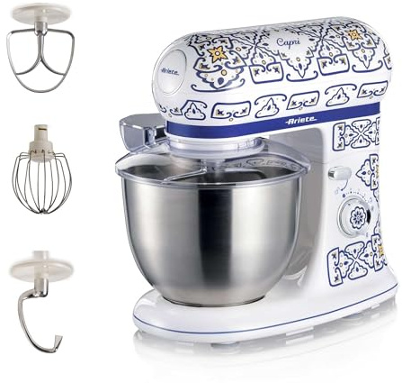 Ariete 1588 Küchenmaschine Capri, 7 Geschwindigkeitsstufen, 3 Quirle für Weiche und Feste Teige, Deckel mit Spritzschutz, 5,5 Liter Edelstahlschüssel, Mediterranes Design, 2400 Watt