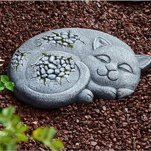 WQZStar Trittsteine aus Stein, Katze, Gartendekoration für draußen, Trittstein zum Muttertag im natürlichen Stil, großer dekorativer Trittstein für Blumenbeete und Rasen, Rechte Katze (Linke Katze)