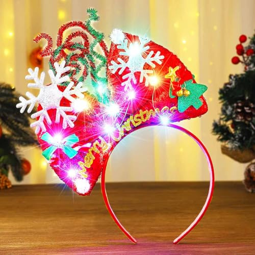 Zoestar LED-Haarreif mit roter Weihnachtsschleife und leuchtendem Schneeflocken-Haarband, Urlaubskostüm, Haarschmuck für Damen