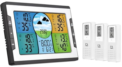 Station Météo Interieur Exterieur Sans Fil, avec 3 Capteurs Extérieur, Thermometre Interieur, Réveil Numérique Sans Fil, Ecran LCD, Station Météo avec Temp, Prévisions Météorologique, Baromètre