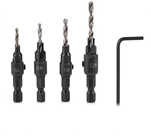 Hapivida Juego de 4 Brocas Avellanadoras para Carpintería, Juego de Brocas Avellanadoras 3 en 1#6 8 10 12, Broca Cónica con Vástago Hexagonal de 1/4 de Cambio Rápido para Carpintería