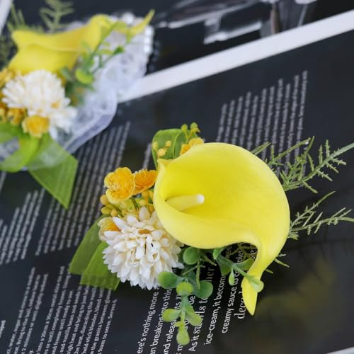 Ansteckblume für Handgelenk, künstliche Calla-Lilie, Ansteckblume und Ansteckblume für Herren, handgefertigte Seidenblume für Hochzeit, Blumen, Accessoires, Abschlussball, Anzug-Dekor (1, Gelb)