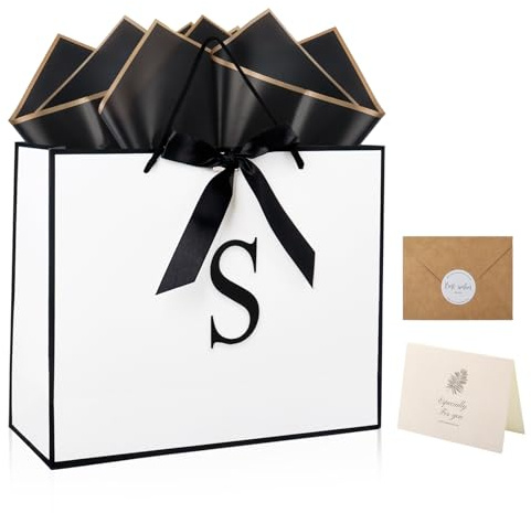 Initial Papier Geschenktüten mit Henkel Geburtstag Geschenktasche groß mit Karte und Seidenpapier personalisierte Brief Geschenktüten für Frauen Männer 12,6× 10,6× 4,3 Zoll (S)