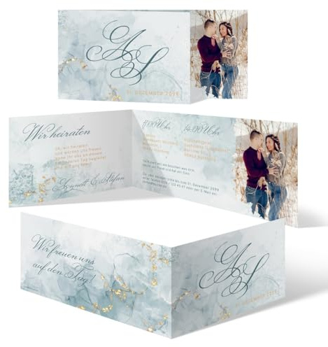 Personalisierte Winterhochzeit Einladungskarten im Eisblau & Gold Motiv, ab 10 bis 100 Stück selbst gestalten, Klappkarte mit kurzer Seite mit Ihrem Foto