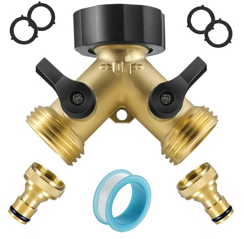 2 Way Garden Hose Splitter, 3/4 Tap Splitters with Individual On/Off Valves and Two Quick Hoses End Connector, 2 Way Hose Pipe Tap Y Splitters Brass Connector