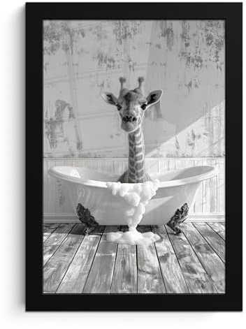 MuchoWow© Bilder mit Rahmen Poster Wanddekoration Wohnzimmer Deko Modern | 20x30 cm - Geschenke Bilderrahmen Giraffe - Vintage - Schwarz und weiß - Badewanne - Tiere