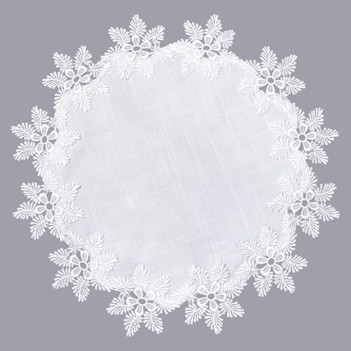 URROMA Centrino rotondo in lino, bianco con fiocco di neve in pizzo, decorazione per tavolo da caffè, sala da pranzo e cucina (40 x 40 cm)