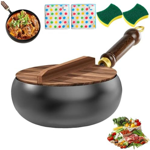Generisch Bienll Japanische Eisenpfanne 20/22/24/26/28cm, Handgeschmiedete Antihaftbeschichtete Eisenpfanne mit Holzdeckel/Glasabdeckung, Unbeschichtete Eisenpfanne Geschmiedet (Holzdeckel, 26CM)