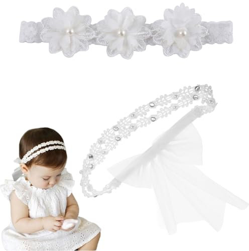 COYUN 2pcs Baby Mädchen Stirnbänder Weiß Dehnbare Stirnband DoppelspitzeSpitzebowknot-Haarband Weich Baby Hairband Nylon Neugeboren Haarschmuck Babygeschenke für Neugeborene