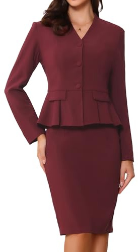 Allegra K Business 2 Piece Suit Set for Women's Long Sleeve Collarless Peplum Blazer Pencil Skirts Burgundy L