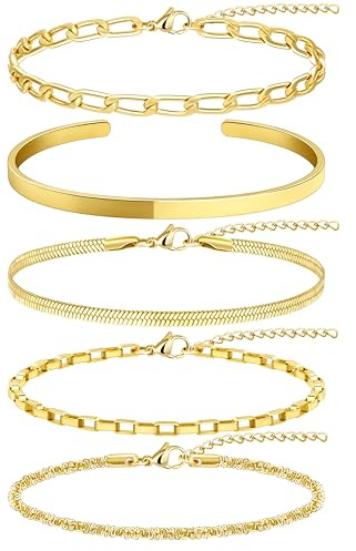 Chunky Gold Bracelets for Women Waterproof, Stack Bracelet Set Layered Chunky Bangle, Box Link, Paperclip, Herringbone, Sparkling Chain, Adjustable Waterproof Non Tarnish Jewelry Gifts for Women
